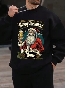 Men's Spring And Autumn Happy Christmas Beer Letters Printed Regular Round Neck Long Sleeve Sweatshirt - Black - View 2