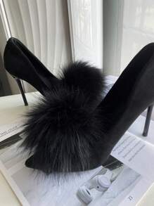 1pair New Bridal Shoes With Detachable Fluffy Pom Pom & Buckle, Daily Versatile Flattering Fashion Shoes Clip Accessory