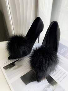 1pair New Bridal Shoes With Detachable Fluffy Pom Pom & Buckle, Daily Versatile Flattering Fashion Shoes Clip Accessory