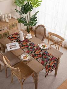 1 chiếc khăn trải bàn tua rua họa tiết hoa nhiều màu trên nền đen theo phong cách cổ điển, vỏ bọc ghế sofa bằng vải gấm polyester, vải phủ tủ TV - màu đen - Xem 7