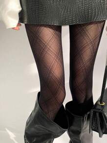 1pair Women Black Fine Line Diamond Mesh Lightweight Breathable Hollow Sheer Stockings Pantyhose, Sexy Style Tights Suitable For Daily Fashionable Wear