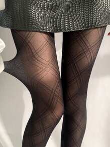 1pair Women Black Fine Line Diamond Mesh Lightweight Breathable Hollow Sheer Stockings Pantyhose, Sexy Style Tights Suitable For Daily Fashionable Wear