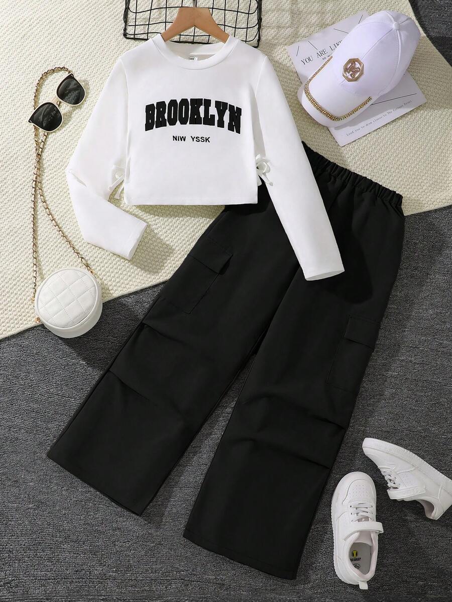 Left Mama 2 件套青少年女孩休闲圆领字母印花长袖 T 恤和工装裤套装，春秋 - 黑色 - 查看 1