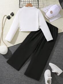 Left Mama 2 件套青少年女孩休闲圆领字母印花长袖 T 恤和工装裤套装，春秋 - 黑色 - 查看 2