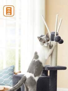 Feandrea Tiragraffi per Gatti, Albero per Gatti, Grotta per Gattini Micini, Diversi Livelli di Peluche, 42 x 32 x 118 cm, Graffitoio, 3 Bastoncini Pompom Rimovibili, Grigio Fumo