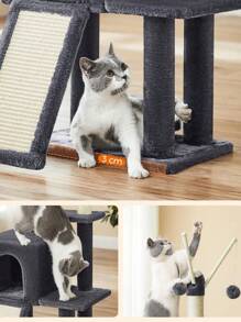 Feandrea Tiragraffi per Gatti, Albero per Gatti, Grotta per Gattini Micini, Diversi Livelli di Peluche, 42 x 32 x 118 cm, Graffitoio, 3 Bastoncini Pompom Rimovibili, Grigio Fumo