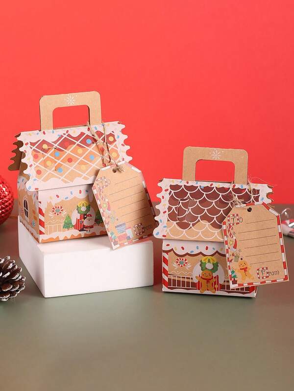 10 Stücke, Weihnachten Kraftpapier Verpackungsbox mit Etikett und Seil, Weihnachtsmann Lebkuchenmann Muster Design Geschenkbox, Weihnachtliche Neujahrs Party Gastgeschenke, Geschenkverpackung und Aufbewahrungsbox für Weihnachten