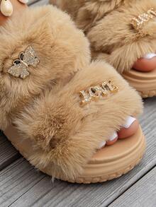 户外/室内毛绒水钻拖鞋，舒适柔软保暖增高防滑女士凉鞋 - 棕色 - 查看 6