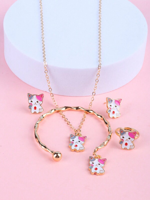 1 conjunto de Joias para Meninas, Conjunto de Pulseira, Colar, Brincos e Anel de Liga de Zinco Dourada com Design de Flor e Unicórnio, Presente de Aniversário/Feriado/Festa, Presente de Natal