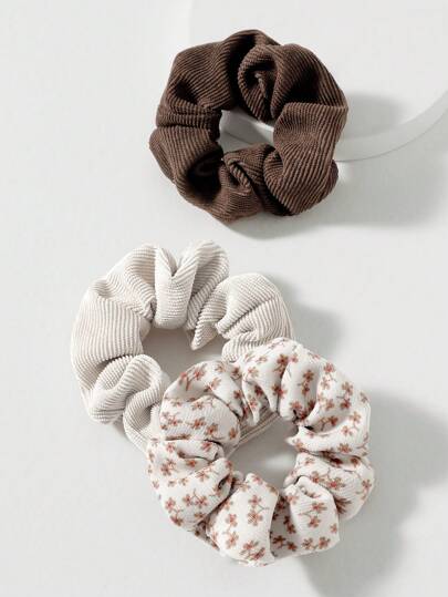 3-In-1 Set Women's Floral Pattern Corduroy Scrunchies, Original Design Hair Ties Scrunchy Hair Ties