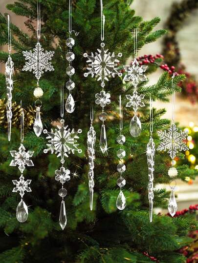 Conjunto de 10 peças de enfeites de gelo transparentes em formato de floco de neve, feitos de acrílico. Ideais para decoração de casa, festas e aniversários. Perfeitos para presentear em aniversários e no Natal. Decoração de quarto para o inverno.