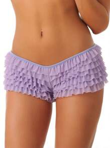 Women Mesh Ruffle Lace Cheeky Boyshorts Panty Booty Shorts Burlesque Retro Underwear Dance Bloomers Boy Shorts Panties Solid Color Underwear Elastic Boxer Briefs With Bow - Purple - View 3