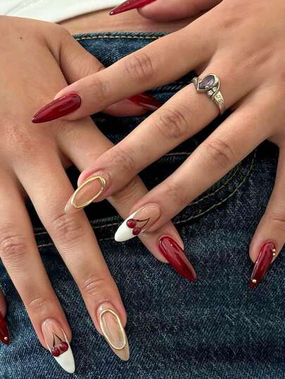 10片纯手工性感深红色金线卷曲白色3D法式樱桃杏仁形美甲贴片，高级高端奢华美甲用品手工美甲贴片