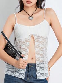 Womenacute;S Summer Lace Slim Cami Tops Front Mini Bowknot Spaghetti Strap Vest Slit Hem Camisole - White - View 3