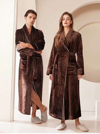 1pc Extra Long Flannel Bathrobe, Adult Bathrobe, Flannel Bathrobe, Suitable For Resorts, Hotels, SPAs, Beauty Salons, Quick Drying, Loose Fit, Multiple Colors, Minimalist Design, Bathroom Essentials, Home Goods Summer Wedding Home Bathroom Decor Back To School