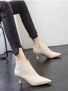 Women Pointed Toe Mid Heel Ankle Boots, Side Zipper Patent Leather Short Boots, Fashion Versatile Style Suitable For Daily Commute, Work, Date