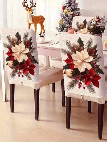 4件装,家居椅子保护套,圣诞装饰圣诞花束印花椅套,简约舒适椅背保护套,防尘椅套,节日装饰餐厅客厅椅套