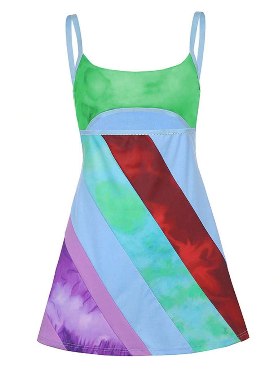 Womens Casual Suspender A-Line Dress Fashion Contrast Color U-Neck Hollow Short Dress - 綠色 - 查看 1