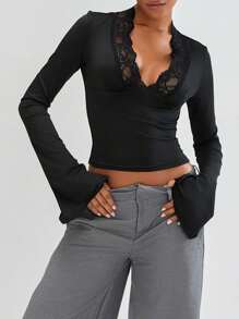 Women's Spring Summer Slim Fitted Lace Trim Low Cut Deep V Neck Bell Sleeve Crop Shirt Y2K Going Out Streetwear