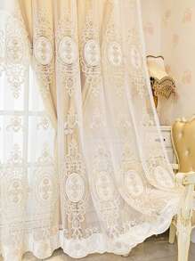 1pc Flower Embroidery Curtain, Modernist Polyester Faux Pearl Decor Blackout Curtain For Bedroom