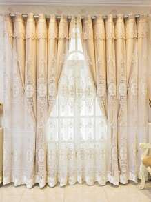 1pc Flower Embroidery Curtain, Modernist Polyester Faux Pearl Decor Blackout Curtain For Bedroom