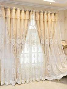 1pc Flower Embroidery Curtain, Modernist Polyester Faux Pearl Decor Blackout Curtain For Bedroom