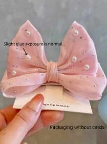 1pc Girls Cute Rhinestone Bowknot Design Hair Clip (Card Not Included) - Pink - View 4