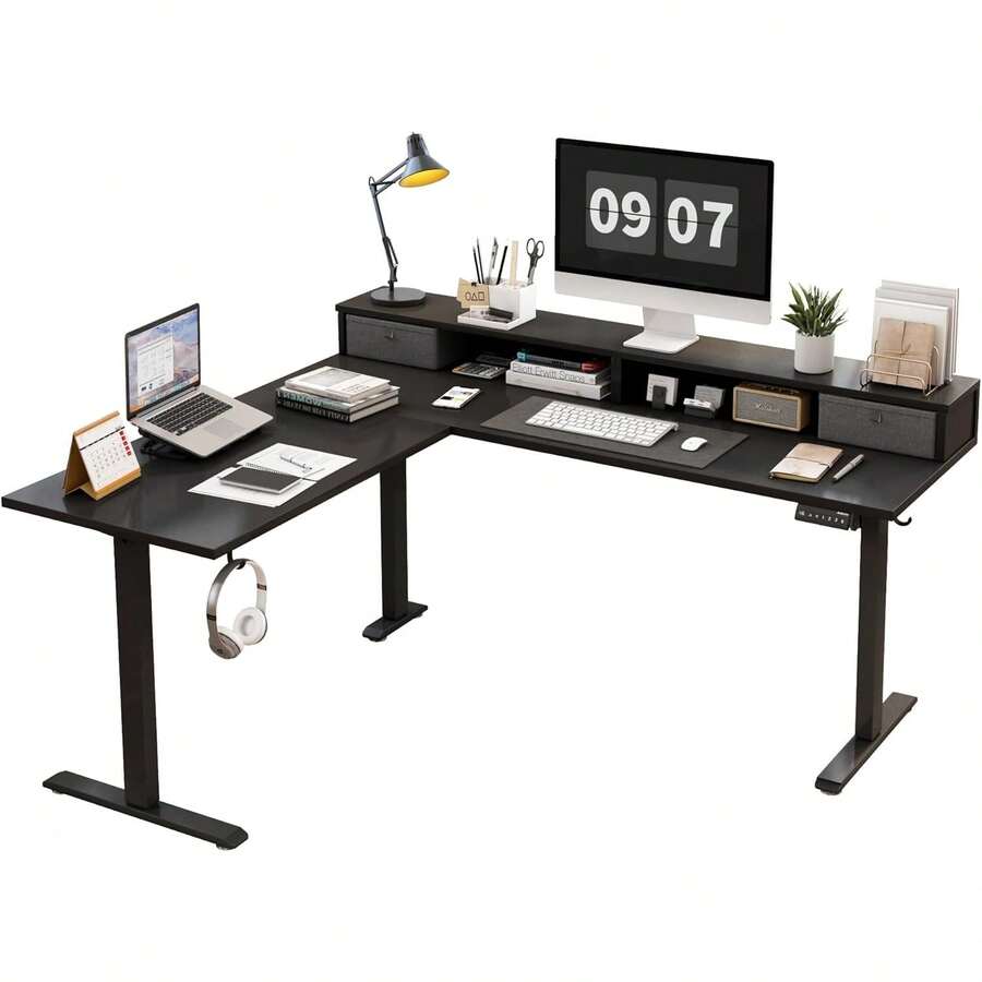 L Shaped Electric Standing Desk With 2 Drawers, 63 Inch Ergonomic