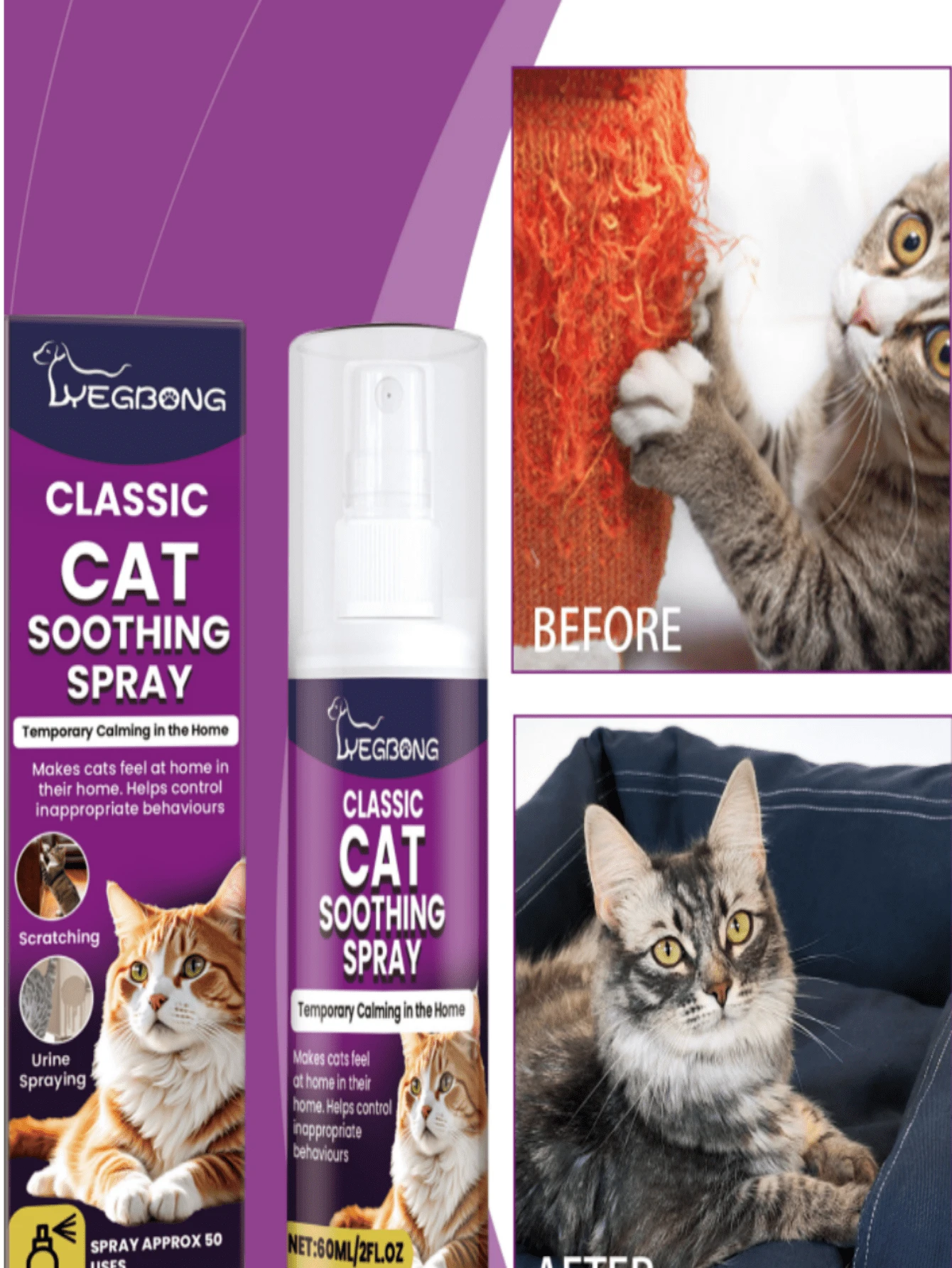 Pet Cat Calming Pheromone Spray, Gentle Formula Helps Control Scratching And Inappropriate Urination Behavior - Purple - View 1