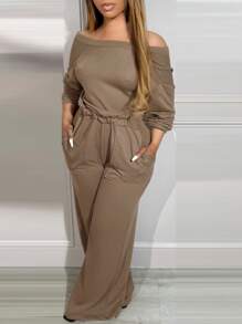 Off Shoulder V-Back Jumpsuit Stretchy Waist Pocket Design Casual Jumpsuit - Coffee Brown - View 3