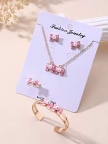 5pcs/Set Girls Bow Decoration Necklace, Bracelet, Earrings, Ring Jewelry Set