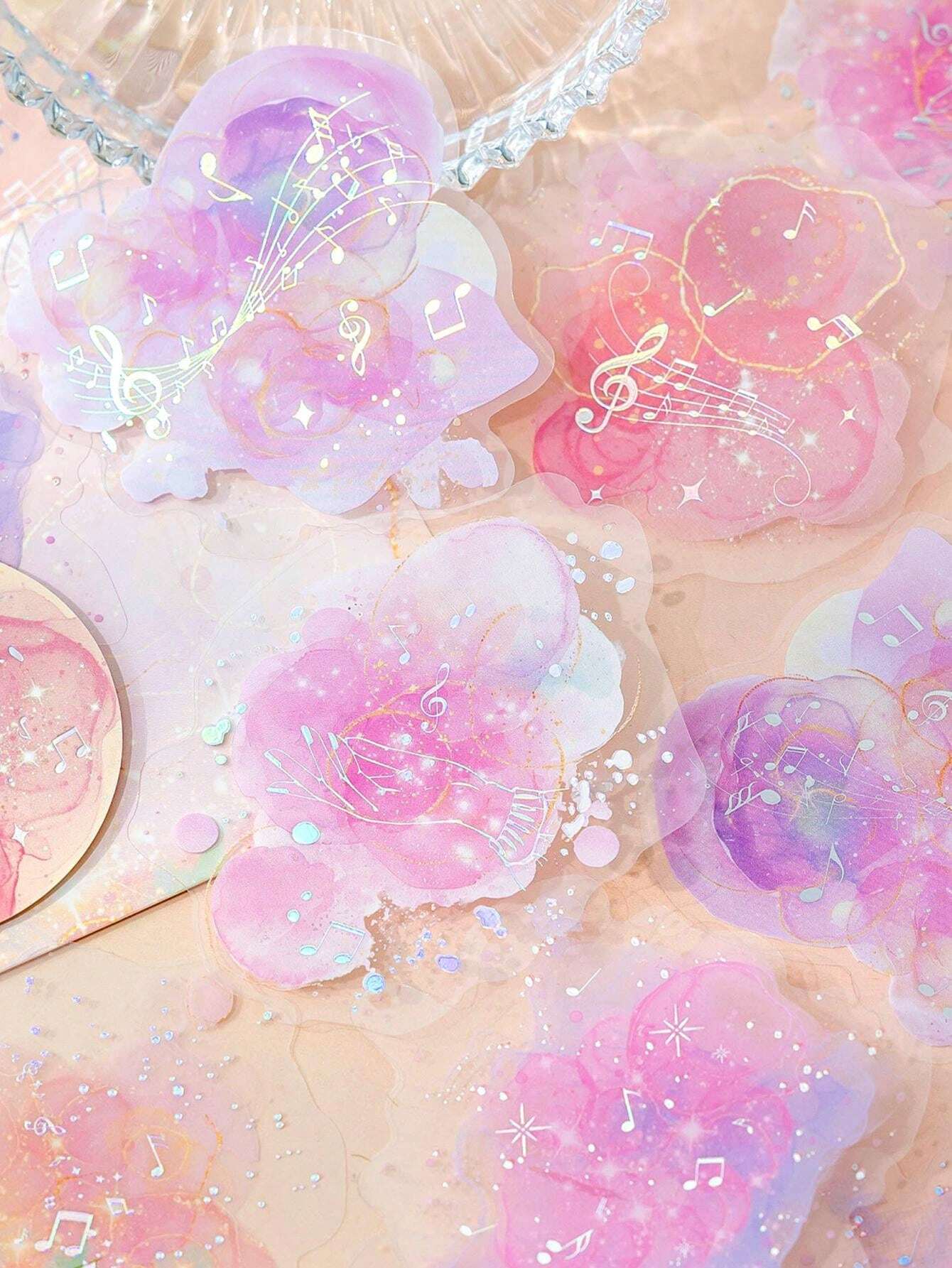 10pcs/Pack 3D Laser Silver PET Stickers, Iridescent & Watercolor Tie