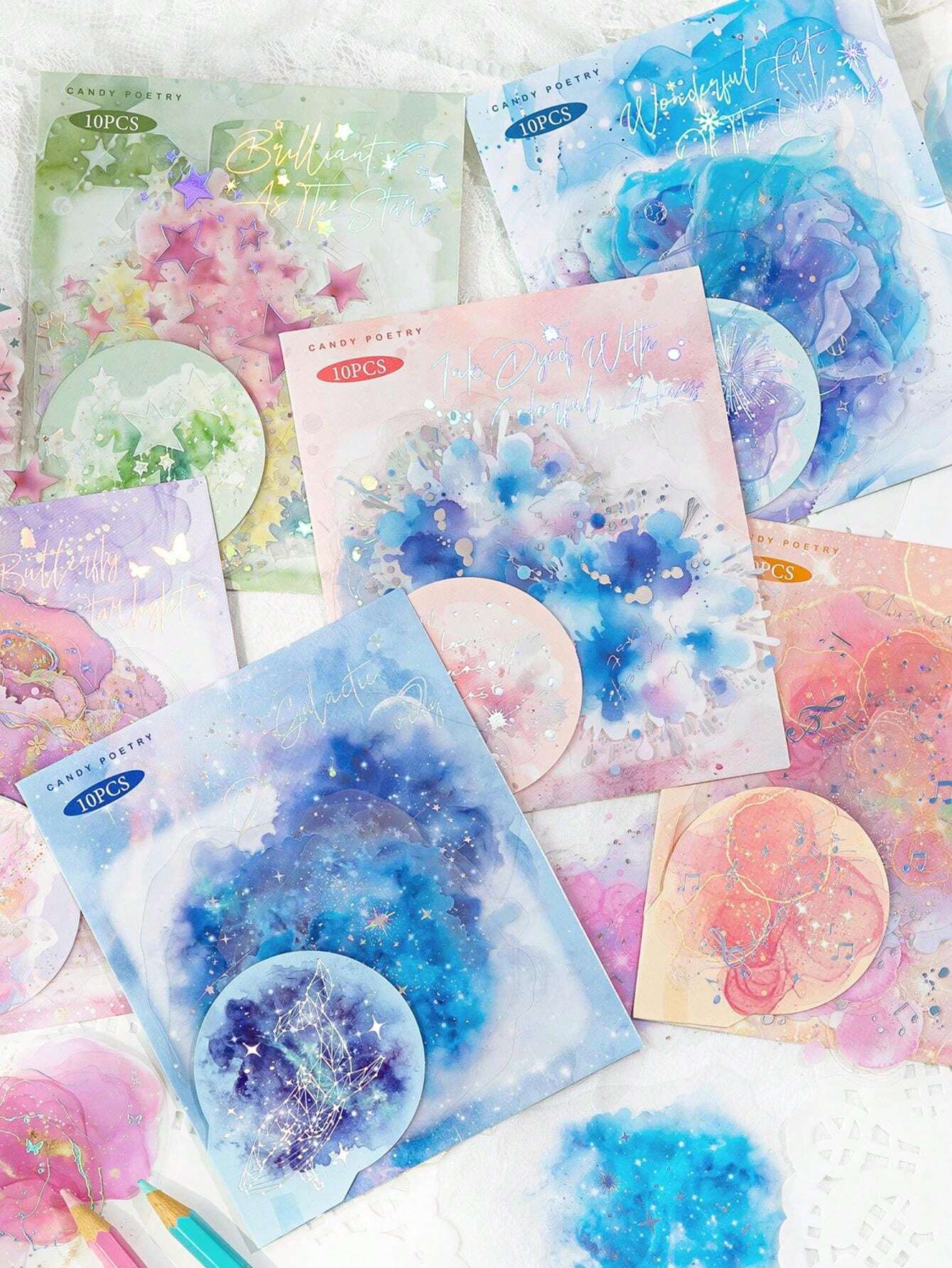 10pcs/Pack 3D Laser Silver PET Stickers, Iridescent & Watercolor Tie