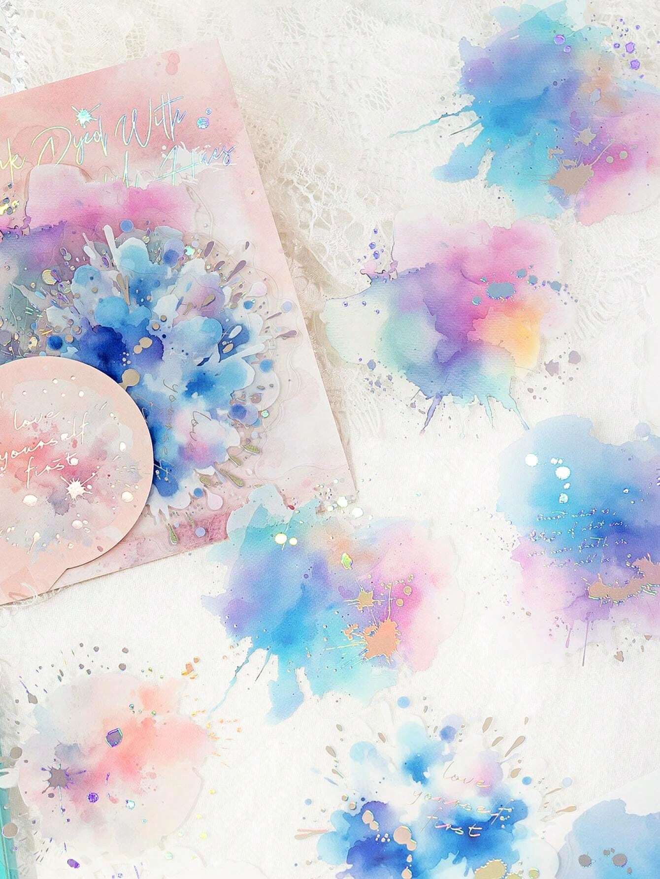 10pcs/Pack 3D Laser Silver PET Stickers, Iridescent & Watercolor Tie