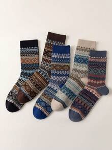 5 双男士秋冬袜子，中筒，吸湿排汗，防臭，复古图案设计，双针双线无缝，厚实保暖抗菌袜子，适合日常穿着 - 復古深色系組合 - 查看 8