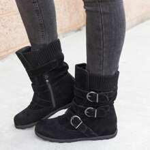Women's Low-Heeled Ankle Boots-Green Boots Lug Sole Zipper Walking Shoes Women Warm Winter Fashion Christmas Womens Boots - Black - View 7