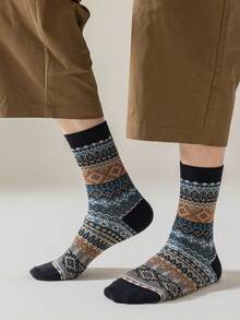 5 双男士秋冬袜子，中筒，吸湿排汗，防臭，复古图案设计，双针双线无缝，厚实保暖抗菌袜子，适合日常穿着 - 復古深色系組合 - 查看 3