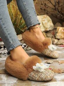 Zapatos planos y esponjosos tejidos para mujer, cómodos mocasines forrados de espuma con efecto deslizante, calzado casual y de moda para uso al aire libre - Marrón - Ver 9