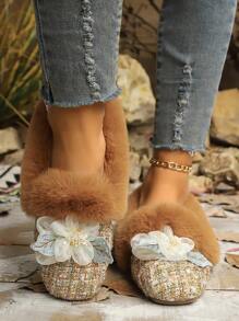 Zapatos planos y esponjosos tejidos para mujer, cómodos mocasines forrados de espuma con efecto deslizante, calzado casual y de moda para uso al aire libre - Marrón - Ver 3