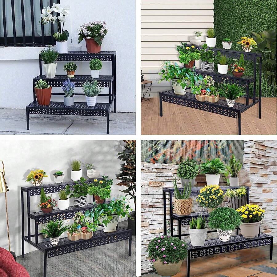 3 Tiers Metal Plant Stand,Rectangular Ladder Flower Pots, Outdoor
