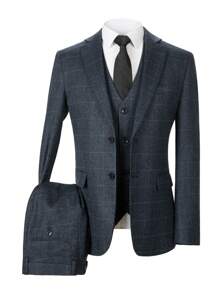 Traje de 3 piezas de hombre Furuyal: Blazer, chaleco y pantalones, corte slim, estampado a cuadros, para fiestas, bodas, negocios y ocasiones formales, tallas XS-3XL, color gris oscuro