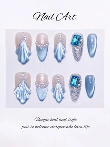 10Pcs/Pack Almond-Shaped Elegant Handcrafted 3D Mermaid Tail French Design Rhinestone & Pearl Decor Artificial Nails, Suitable For Daily Wear Press On Nails Nail Supplies Nails