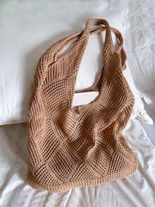 Túi đeo vai đan khoét rỗng dành cho nữ, túi xách móc len tối giản, túi móc len nhẹ nhàng, phù hợp cho thanh thiếu niên, phụ nữ, sinh viên đại học, hoàn hảo cho trường đại học, các hoạt động ngoài trời, du lịch, dã ngoại, kỳ nghỉ thư giãn, túi đi biển, túi đeo vai, túi tote. - màu nâu - Xem 3