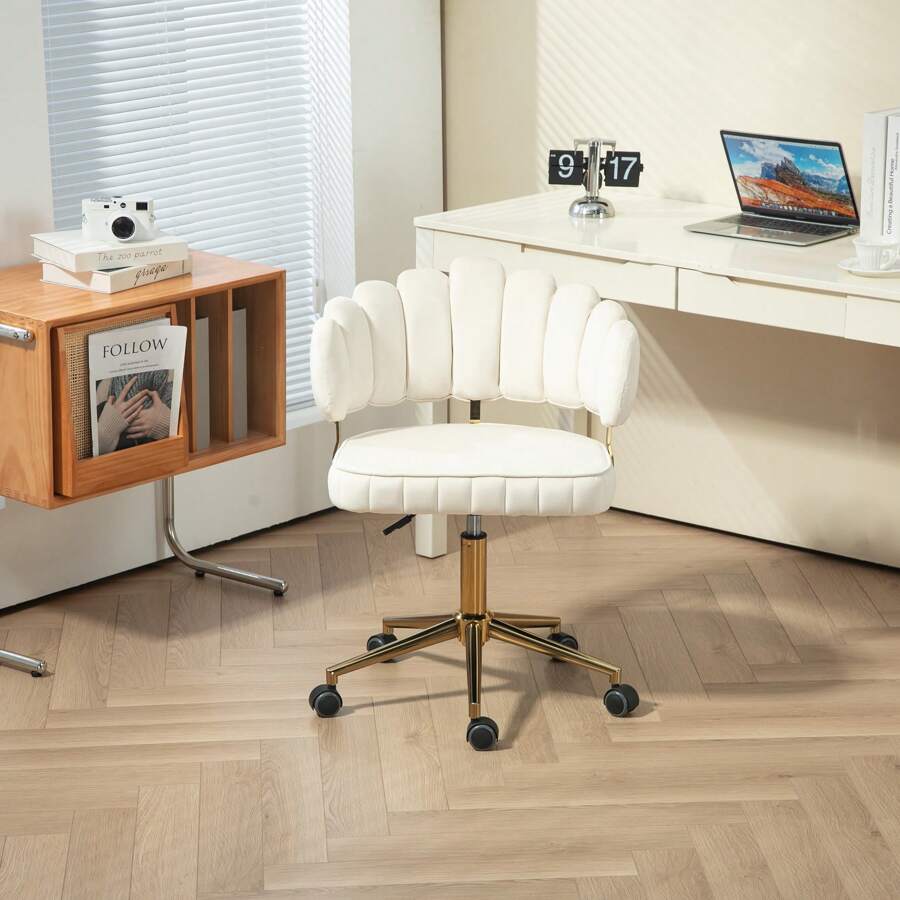 Velvet Home Office Chair, Swivel Desk Chair Vanity Chair With Gold Base, Height Adjustable Swivel Task Chair Modern Shell Back Upholstered Accent Chair With Wheels For Living Room - Beige - View 1