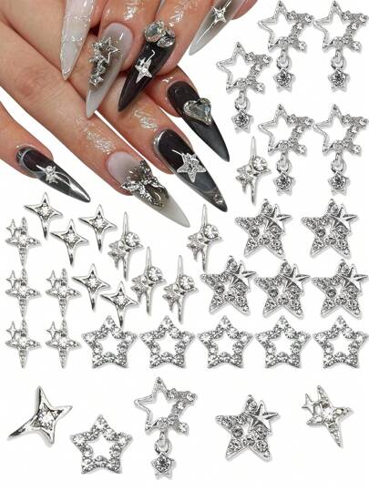 30Pcs Silver Star Nail Charms Shiny 3D Stars Nail Gems Starlight Nail Jewelry Y2K Charms For Acrylic Nails Decoration Met Nail Supplies Nails