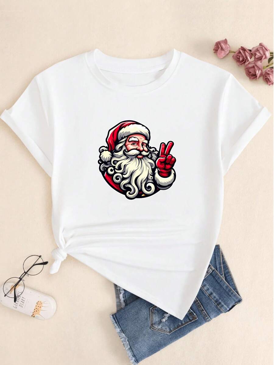 Santa Claus Printed T-Shirt Christmas Babylook Short Sleeve Comfort Casual Premium - trắng - Xem 1