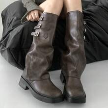 Fashion Retro Slimming Thick Bottom Increased Chunky Heel Long Boots Women 2025 New Autumn Black Western Pants Boots - 棕色 - 查看 4