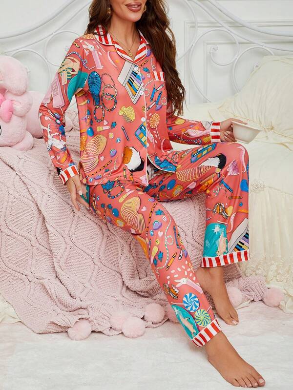 2pcs Women Casual Digital Printed Sleepwear Set With Color Blocking Collar And Pockets, Polyester And Elastane Knit Fabric, Long Sleeve Top And Pants, Autumn/Winter