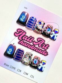 10 件/套 手工制作 Y2K 风格鸭嘴指甲贴，银色，黑色浸胶，白色浸胶，法式边缘，3D 水滴，星星，人造 3D 复古黑银色水滴形短方形哑光黑色扎染鳄鱼印花法式美甲装饰。适合女士和女孩在派对、舞会、日常生活中佩戴。包括美甲工具。可作为礼物赠送。 - 寶藍色 - 查看 3