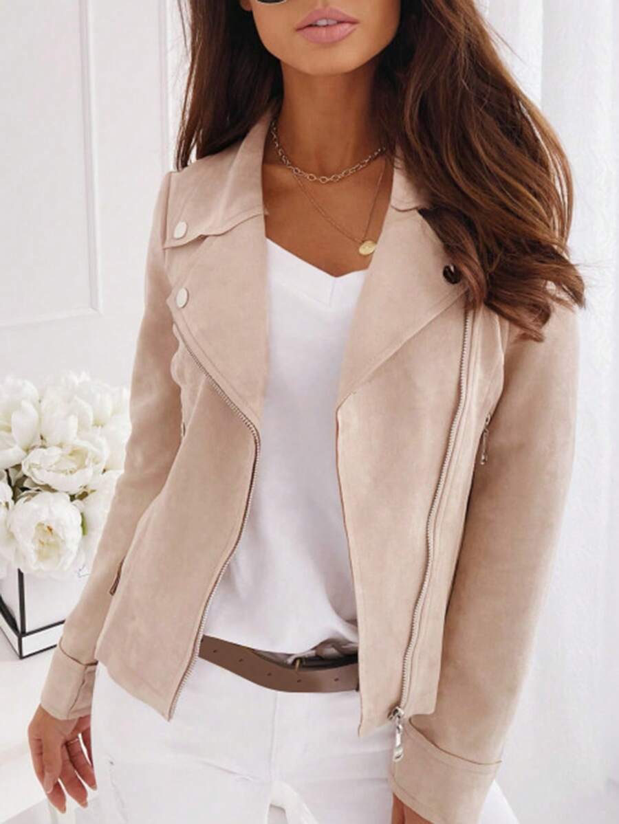 女式拉链纽扣装饰休闲修身短款立领拉链夹克，绒面羊毛短外套